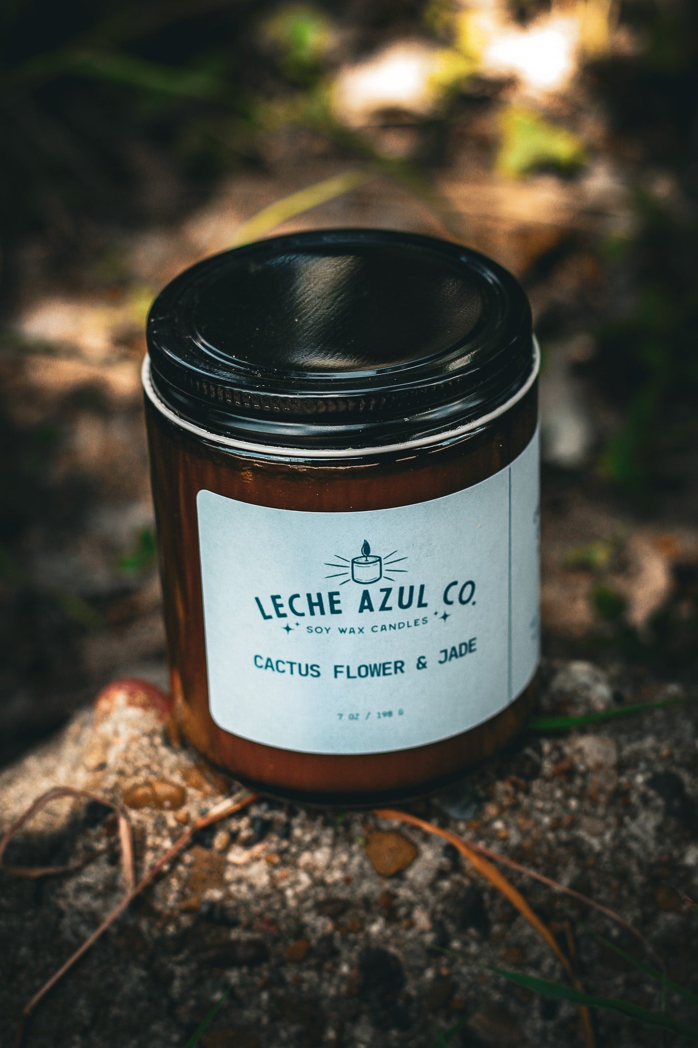 Close-up of an artisanal 7 oz Leche Azul Co. soy wax candle in the Cactus Flower & Jade scent. The candle is housed in a minimalist amber glass jar with a textured black lid and features a clean white product label. It is styled outdoors, resting on a rustic, sunlit stone and dirt surface with natural greenery softly blurred in the background.